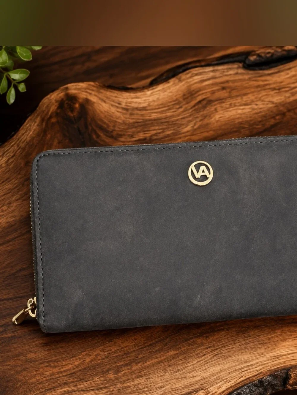 Valentina Distressed Gray Leather Zip Wallet with Gold Logo NWT